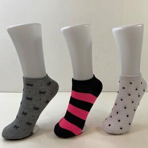 Womens Ankle Socks Set 3 Bow Print Stripes Polka Dots Gray Black Pink White